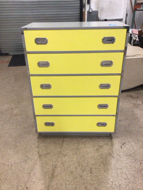 AS-IS Grey & Yelllow Five Drawer Dresser(Damage/Marks On Top)