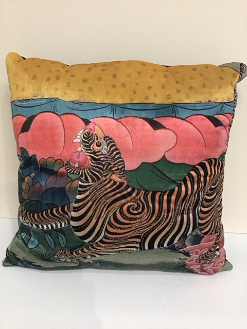 Multicolor Pillow w/Beaded Tiger Design
