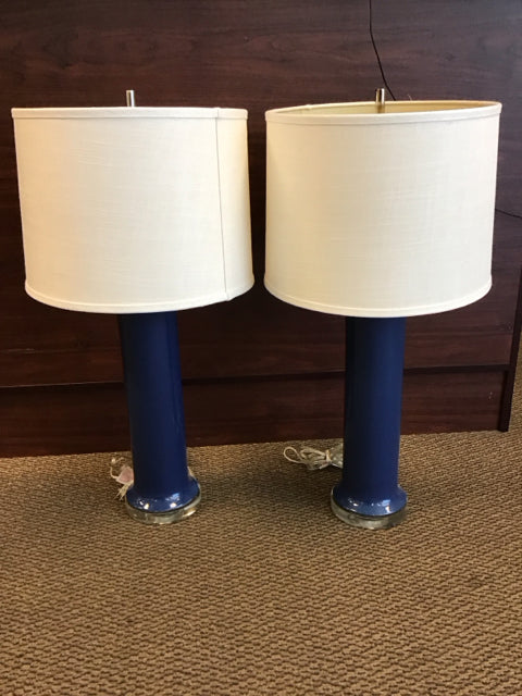 Pair Of 30" Blue Ceramic Column Lucite Base Table Lamps