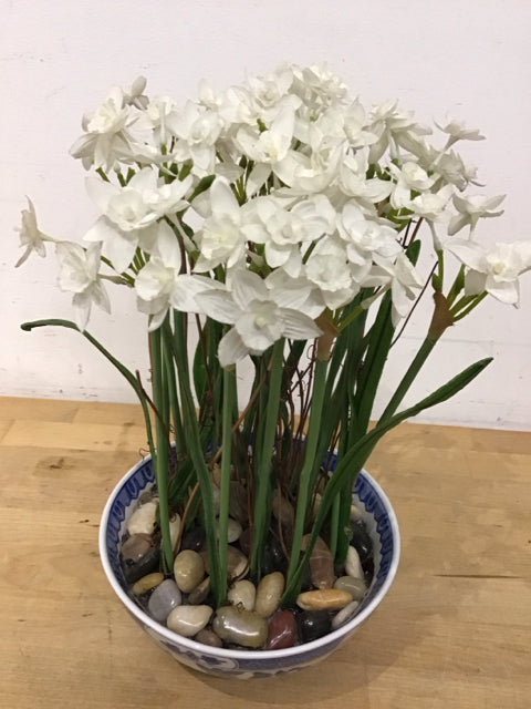 Faux Plant Narcissus In Blue & White Bowl