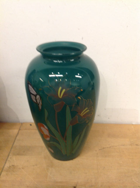 Vase- 13" Green Floral Glass