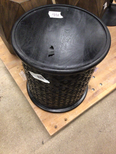 Black Carved Wood Round End Table