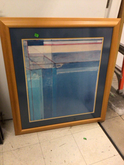 35" X 38 1/2" AS-IS Light Wood Framed Blue Abstrract Print