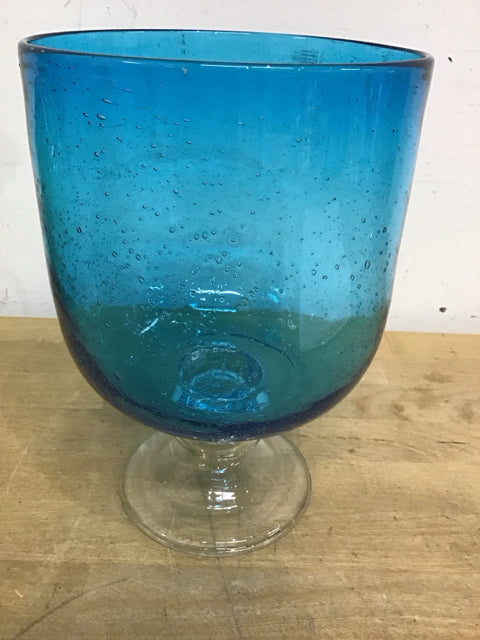 9" Aqua/Clear Artisan Hand Blown Footed Bowl