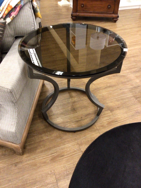 30" Round Black Beveled Glass Top Metal Base End Table