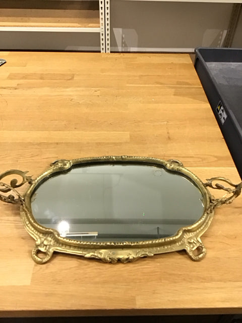 22" Vintage Oval Mirrored Brass Tray