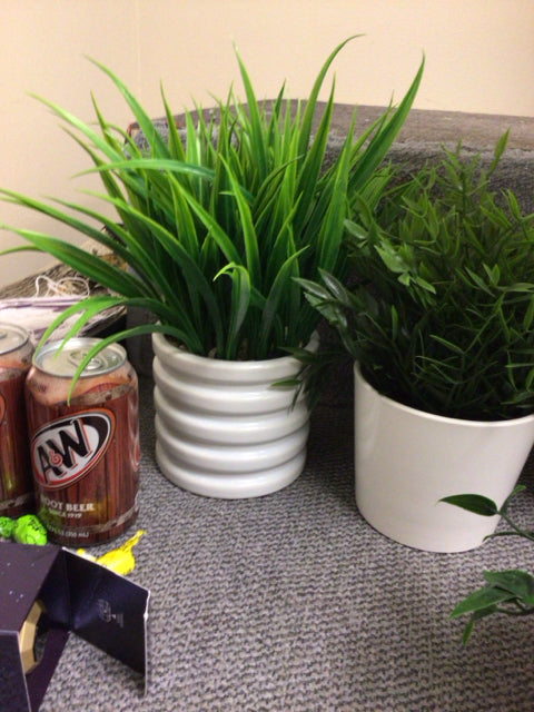 11" Faux Grass In White Planter