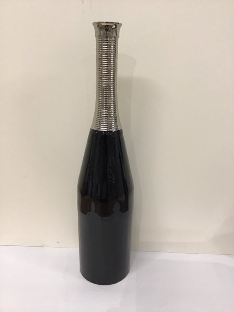 23" Glossy Black Vase w/Ribbed Chrome Neck