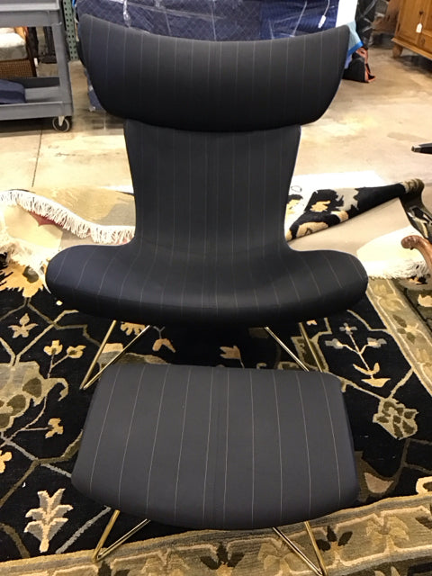 BO Concepts  "Imola" Dark Navy W/Golden Stripes & Brass Legs Chair & Foot Stool