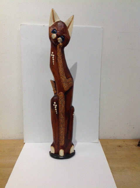32" Carved Wood Cat Sculpture