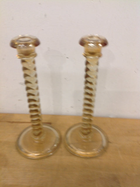 Candle Holders - 12" Pair Of Gold Glass