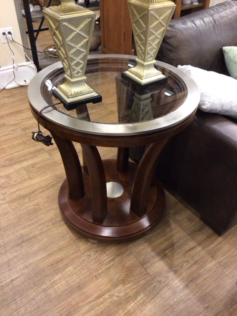 AS-IS Round Wood Glass Insert End Table(Glass Sctraches)