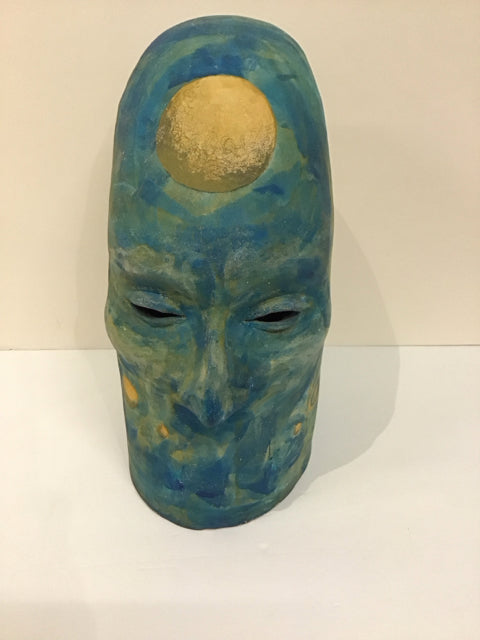 14" Turquoise Gold Plaster Cone Head Sculpture
