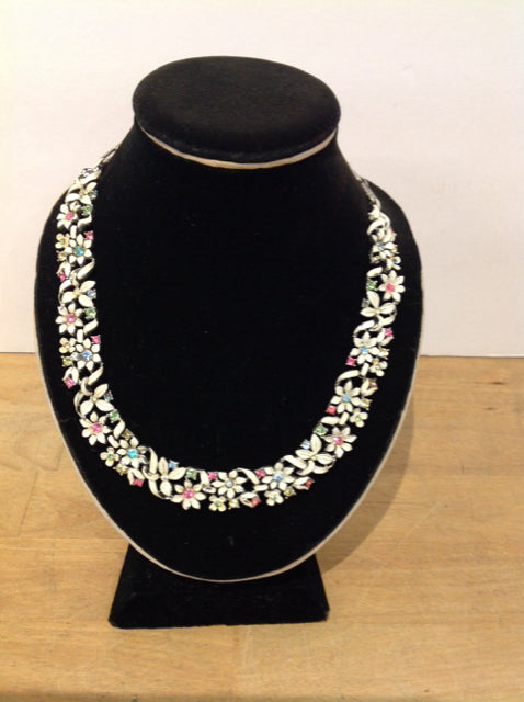 Silver Flower w/Colored Rhinestones Necklace