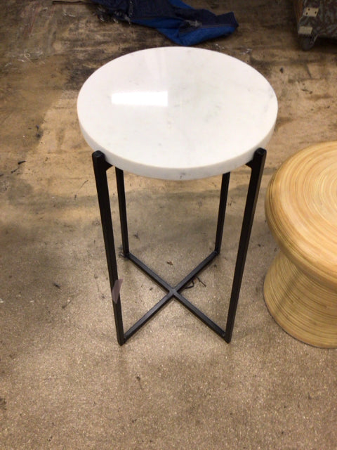 Round White Marble Top Black Metal Base End Table