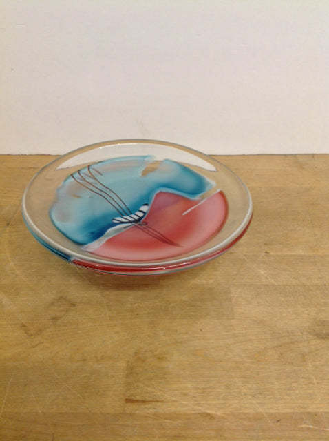 8.5" Art Deco Crystal Pink/Blue Glass Bowl
