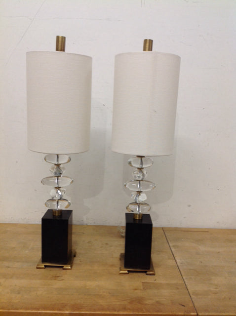 Pair Edine Lamps w/Crystal Eggs & Marble Base