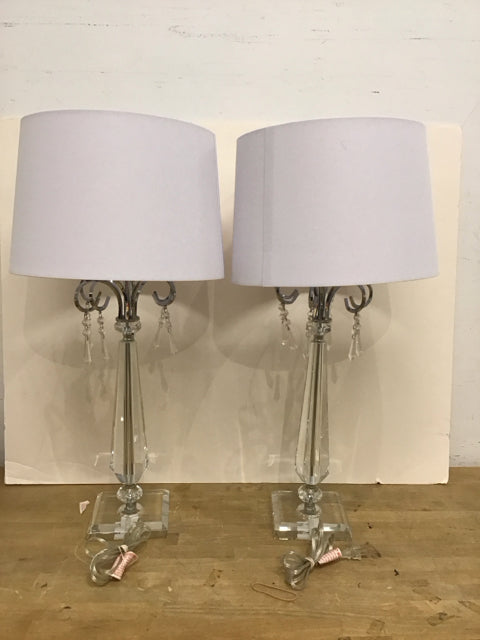 Pair 30" Crystal Column Lamps w/Dangling Crystals