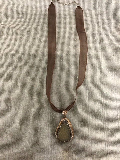 Brown Ribbon Choker Necklace W/Gemstone Pendant