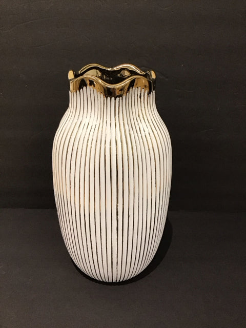 White Abstract Ceramic Vase w/Gold Accents