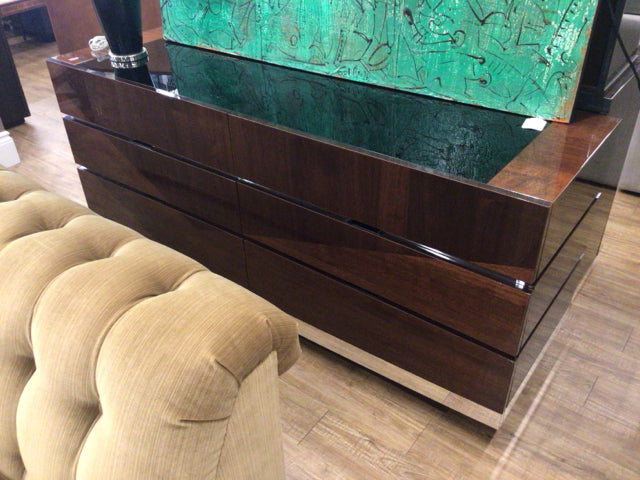 Alf Brown Lacqured Six Drawer Chrome Accent Glass Center Credenza