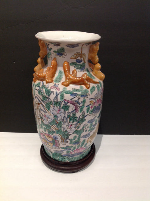 16" Porcelain Painted Oriental Vase w/Stand