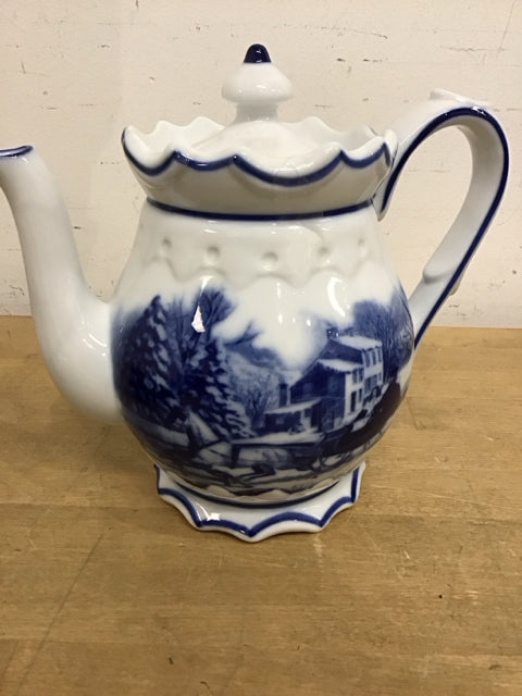 9" Cracker Barrel Blue & White Teapot