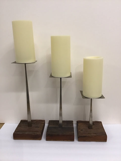 17",14",10" Graduated Metal Candle Holders on Wood Base