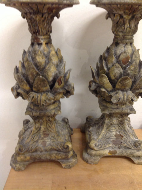 Candle Holders - 13" Pair Of Aged Resin