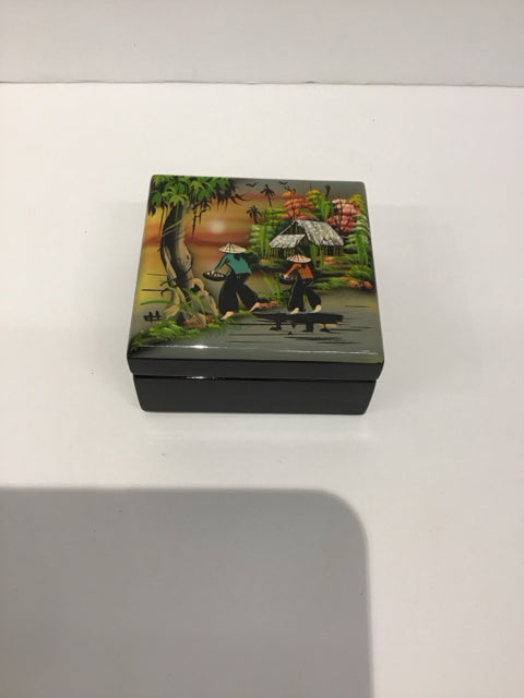 4" Sq Black Lacquer Jewelry Box w/Fishing Village Scene