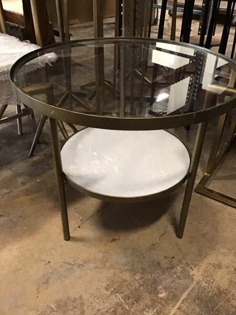 21.5" 2 Tier Gold Metal Glass Marble Like End Table