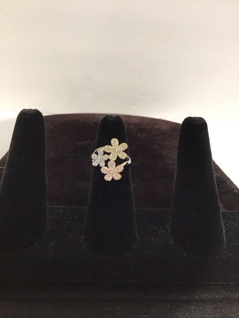 Cartier Style 925 3-Flower/Pave Ring