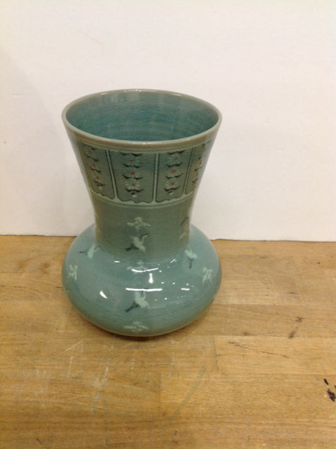 8" Celadon Crackled Vase w/Cranes