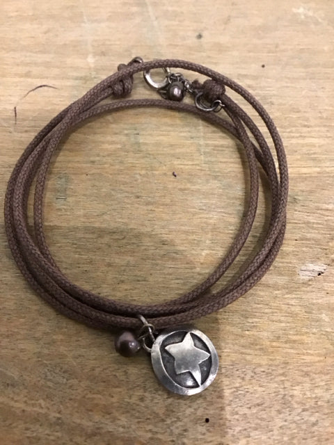 Wrapped Brown Cord Bracelet W/Silvertone Charm