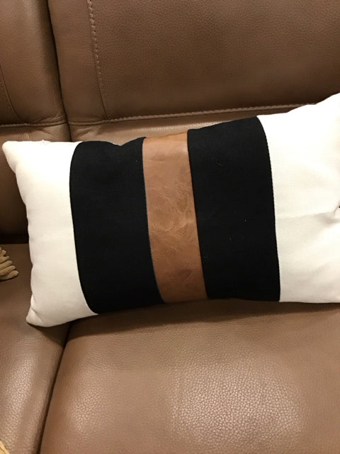 Black Cream & Faux Leather Strip Pillow