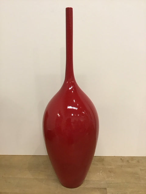 26" Red Glazed Ceramic Vase w/Narrow Top