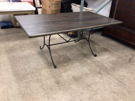 Refinished Butcher Block Top Wrought Iron Base Dining Table