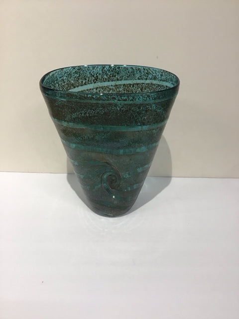 10" Green Glass Vase w/Black Spots & Stripes