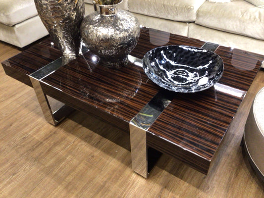 AS-IS Wood Lacqured Chrome Leg Coffee Table(Top Has Scratches/Feet Are Taped)