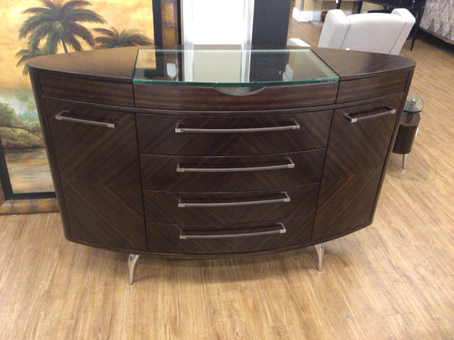 Glass Center Dark Wood Seven Drawer/Two Door Dresser