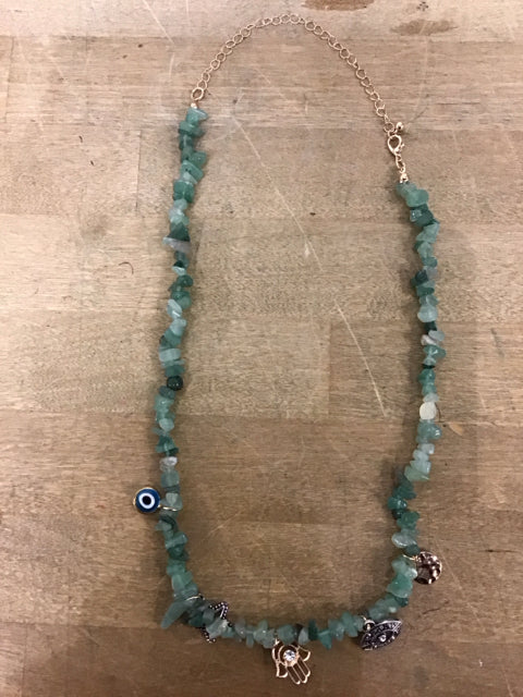 Aquamarine Chip Beads W/Charms Necklace