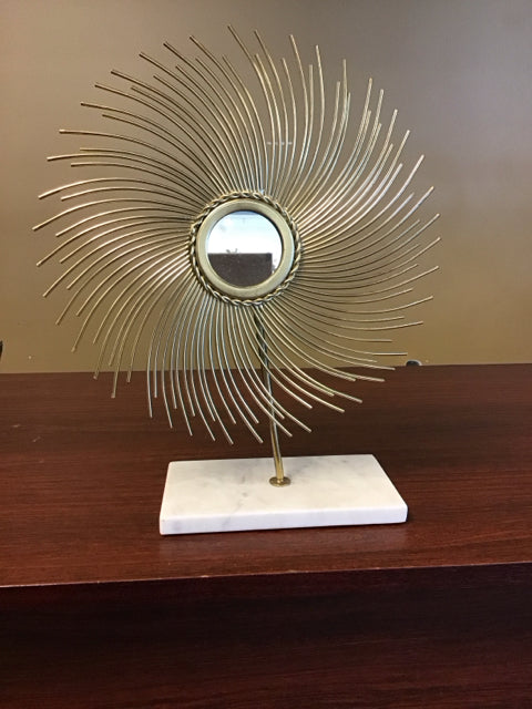 14" Gold Metal Sunburst Mirror Statue W/Stone Base