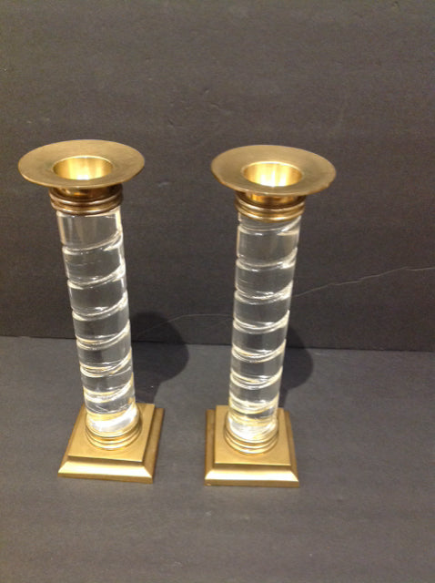 Pair 9.5" Lucite & Brass Candle Sticks