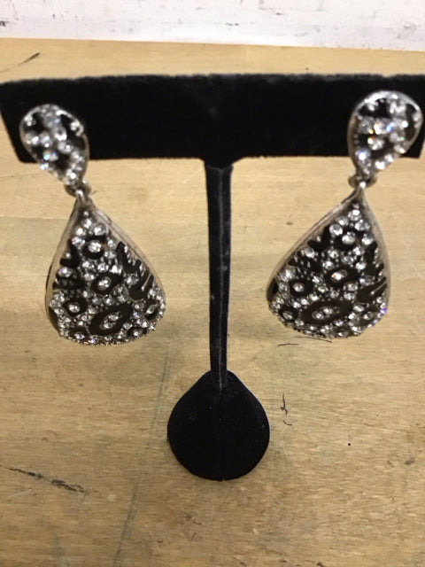 Silvertone Black Enamel Rhinestone Earrings