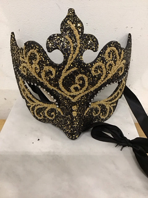 Black & Gold Rhinestone Glitter Feathered Mask