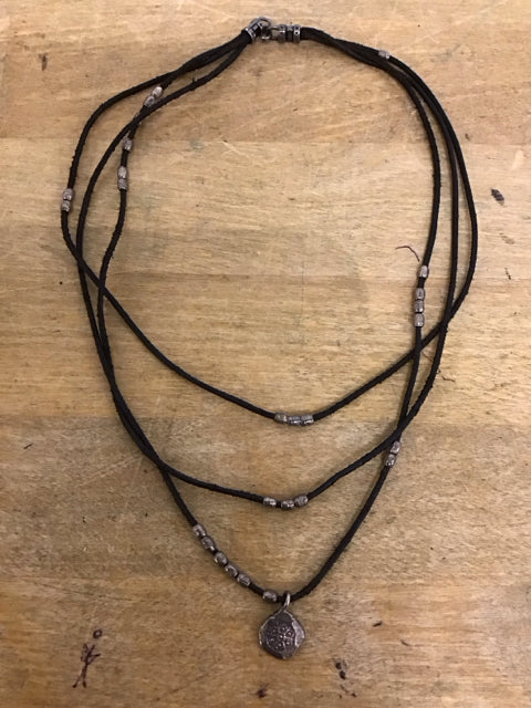 3 Strand Black Cord Necklace W/Silvertone Beads