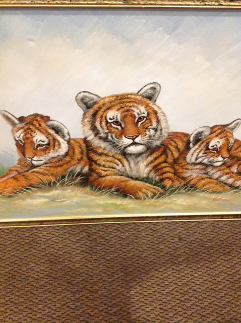 27" X 38" Signed Tiger Family Canvas