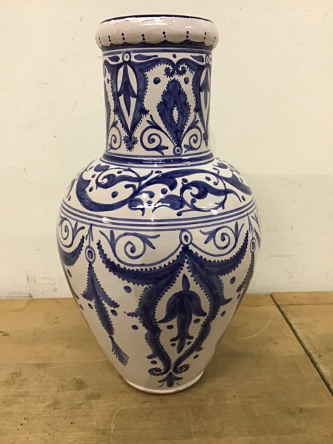 15" Blue & White Glazed Ceramic Chinoiserie Style Vase