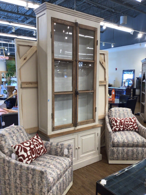 Cream Hand Painted Wood Glass Front Two PC Curio Cabinet