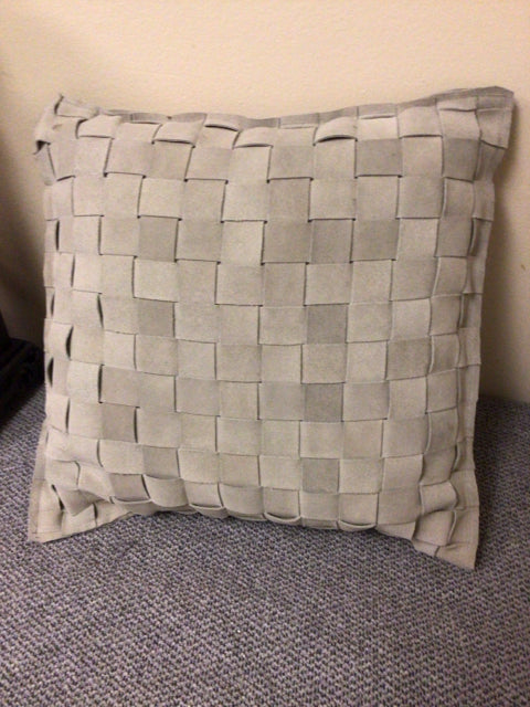 Grey Leather Woven Pillow